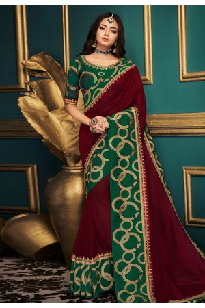 Maroon satin embroidered saree with blouse  10603